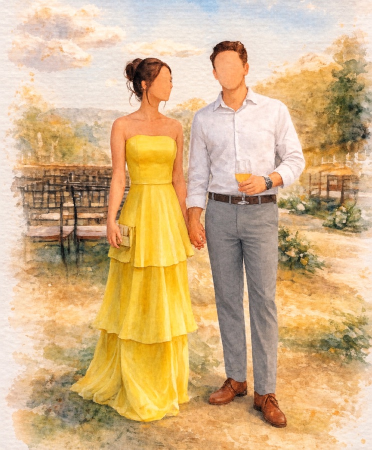Ilustração em aquarela de um casal vestido conforme o dress code: ela com vestido longo amarelo de tecido fluido, ele com camisa social clara e calça de alfaiataria, sem gravata.