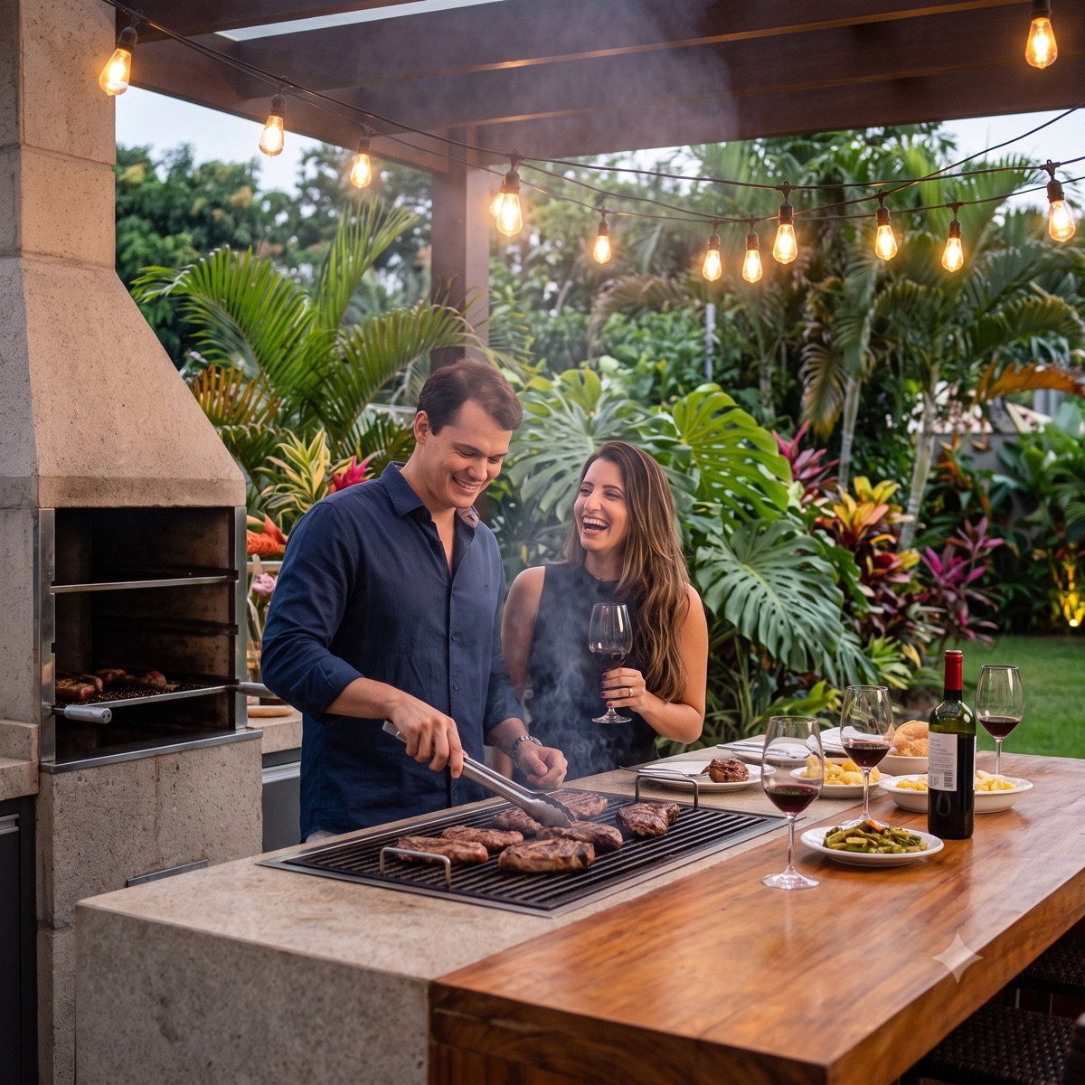 Área gourmet com churrasqueira e paisagismo do quintal